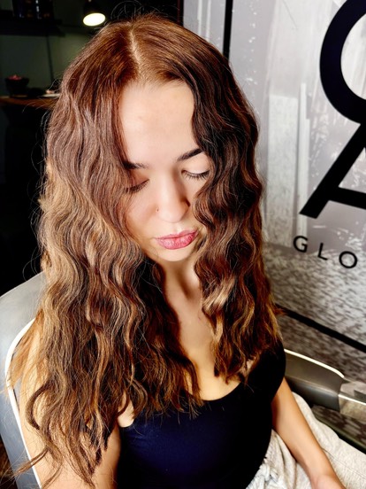 Close-up of blonde nano hair extensions